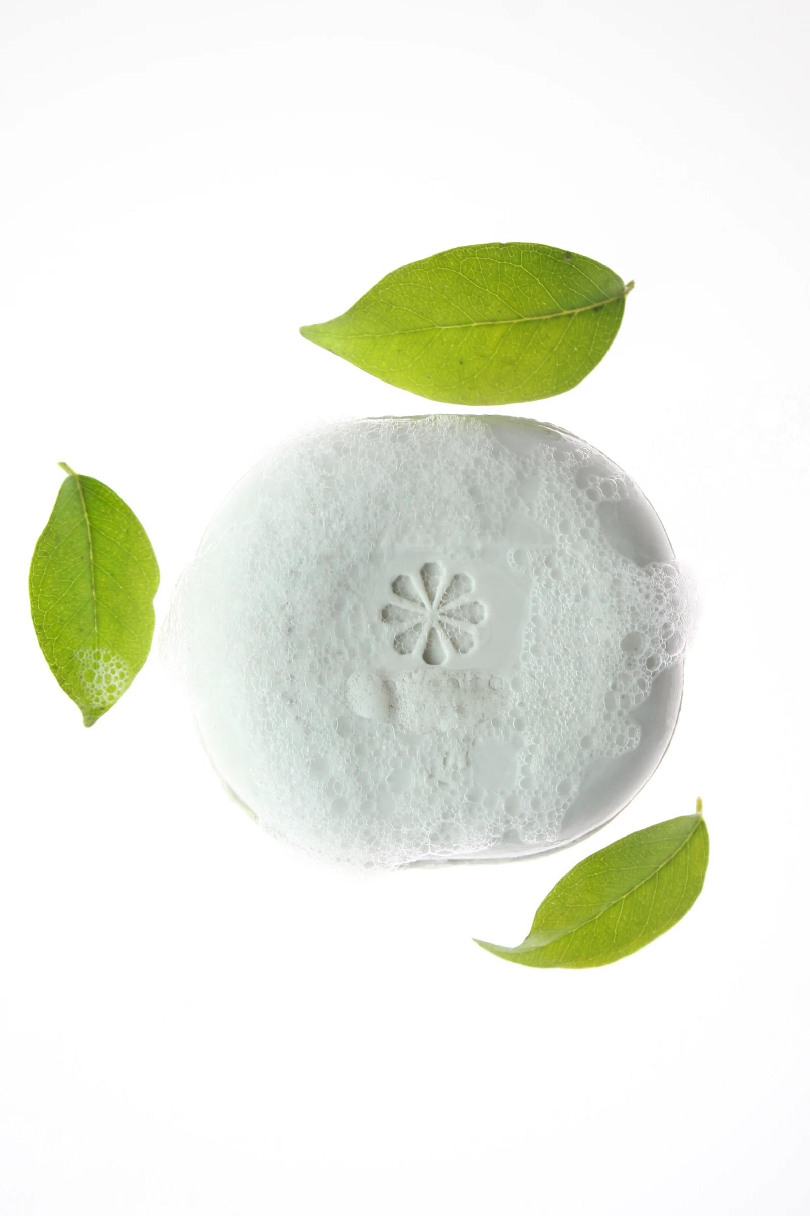 Ensaio autoral de sabonete com espuma e folhas verdes